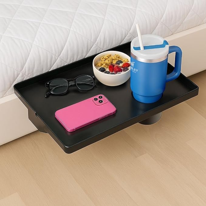 Modern Innovations Large Black Bedside Shelf for Bed, 1 Count Clip On Nightstand with Cup Holder and Cord Holder, College Dorm Bunk Bed Shelf for Top Bunk or Kids Bedroom