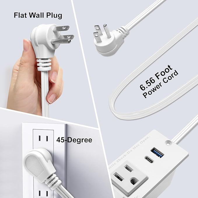 USB C Recessed Power Strip Fast Charge Desktop Power Station 2 Outlets 2 USB (PD20W & QC18W, Total 20W) Mountable Flat Plug Extension Cord Mount for Tabletop Sofa Cabinet Nightstand (USB C White)