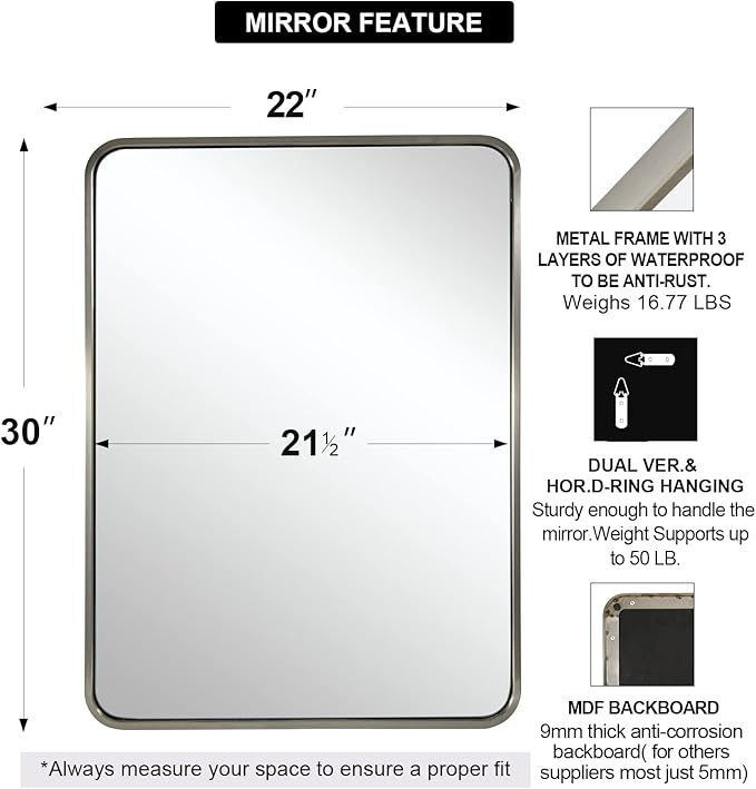 ANDY STAR 22x30'' Brushed Nickel Bathroom Mirror, Rounded Rectangle Brushed Silver Mirror for Bathroom Vanity SUS304 Metal Tube Framed(Rustproof) 1’’ Deep Wall Mounted Vertically/Horizontally