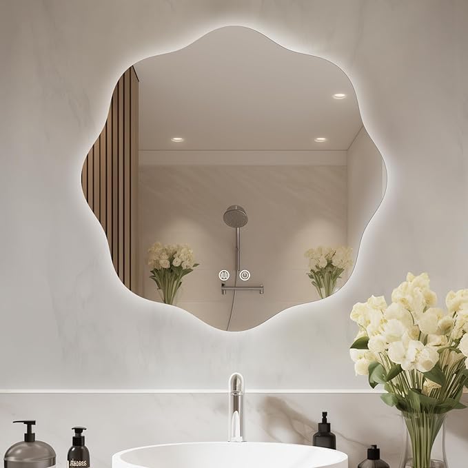 WallBeyond LED Bathroom Mirror with Lights, 20'' Wavy Round Light Up Bathroom Mirror, Anti Fog Led Mirror for Bathroom, 3 Colors and Dimmable Light