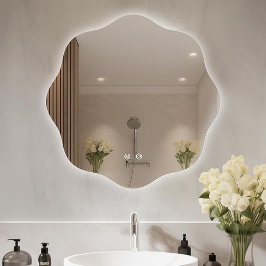WallBeyond LED Bathroom Mirror with Lights, 20'' Wavy Round Light Up Bathroom Mirror, Anti Fog Led Mirror for Bathroom, 3 Colors and Dimmable Light
