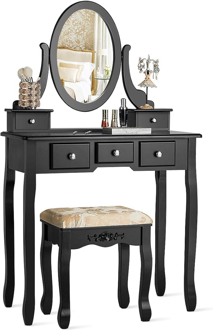 CHARMAID Vanity Table Set with Rotatable Oval Mirror, Bedroom Makeup Table with 5 Drawers for Women Girls, Dressing Table with Cushioned Stool (Black)