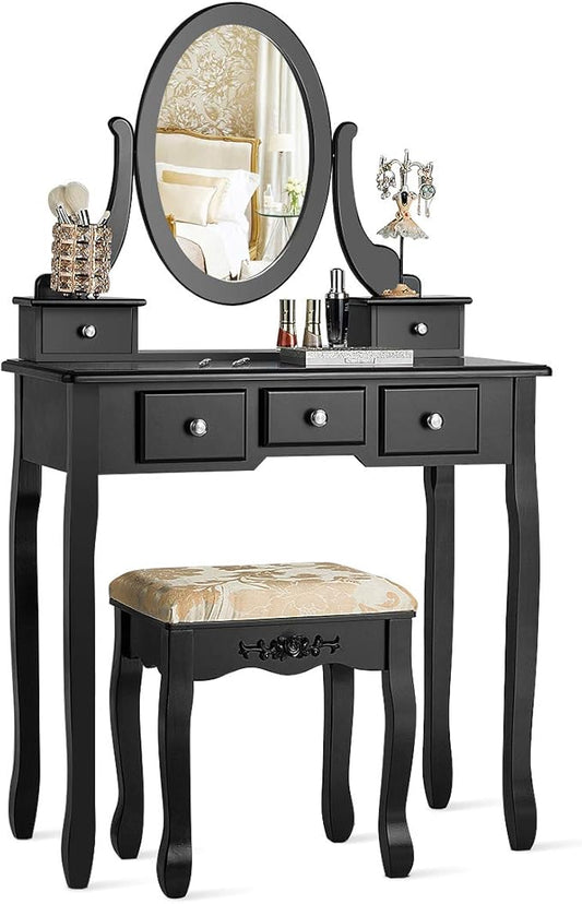 CHARMAID Vanity Table Set with Rotatable Oval Mirror, Bedroom Makeup Table with 5 Drawers for Women Girls, Dressing Table with Cushioned Stool (Black)