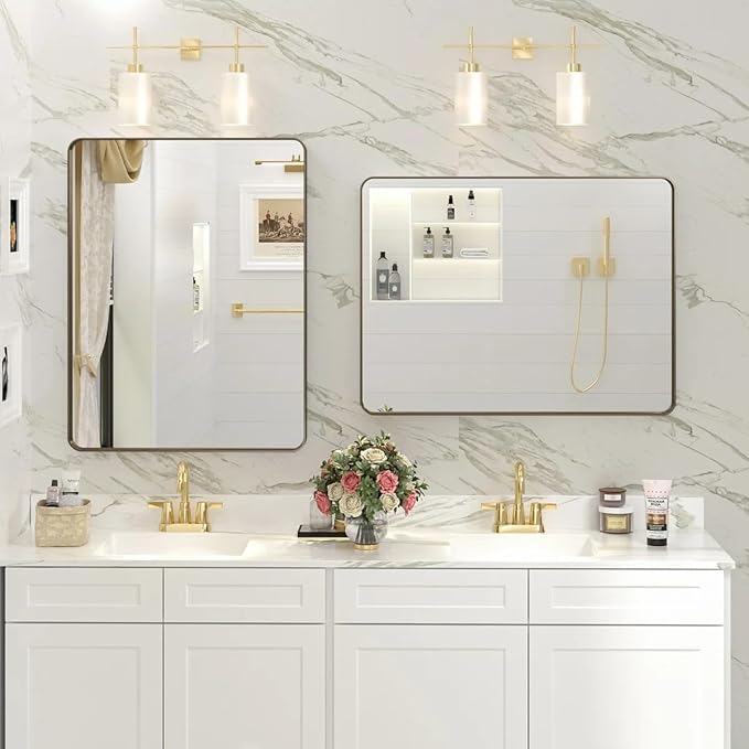 22x30 Bronze Bathroom Wall Mirror, Brushed Metal Framed Vanity Mirror for Wall, Rounded Rectangle Mirror for Modern Farmhouse Wall, Anti-Rust (Horizontal/Vertical)