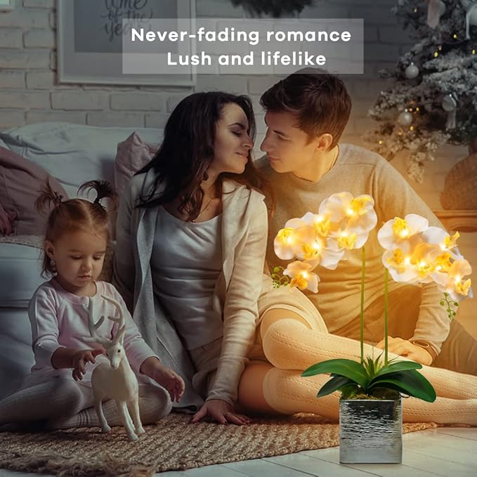 Orchid Lamp-LED Lighted Orchid Arrangements,Pre Lit Artificial Orchid,Light Up Flower Lights, Faux Orchid Phalaenopsis Arrangement (15", White)