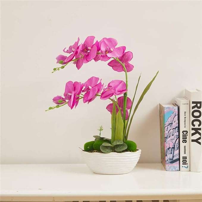 Large Artificial Potted Orchid Plant, Silk Flower Arrangement with Ceramics Vase, Purple Red