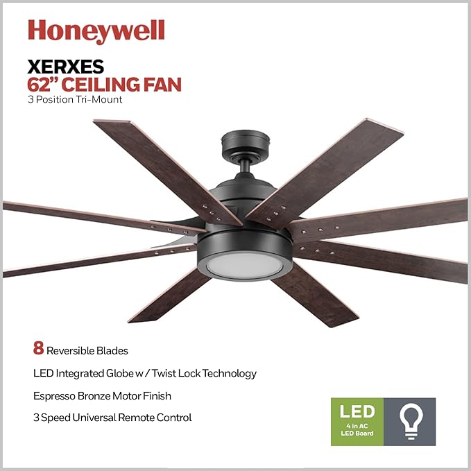 Honeywell Ceiling Fans Xerxes Modern 62 Inch Ceiling Fan with Light, Remote Control Fan, LED Indoor Fan with 8 Blades, Dark Elm and Rough Pine Blade Finish Options, Bronze (50609-01)