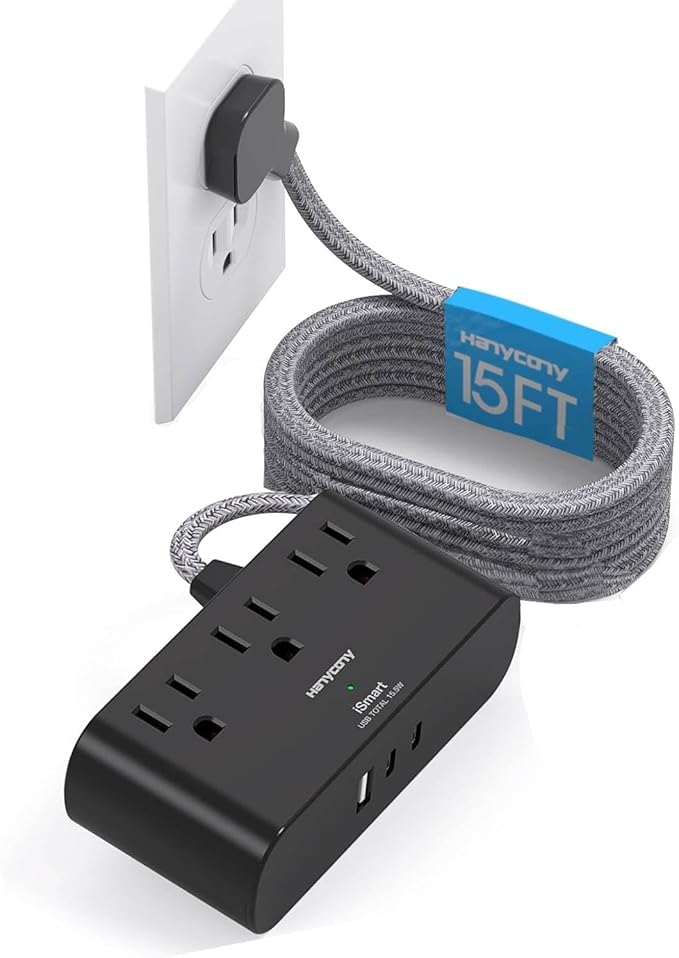 Black Flat Plug Power Strip, HANYCONY 15Ft Ultra Thin Flat Extension Cord, 3 Outlets 3 USB Ports(2 USB C) Multi Plug Outlet Extender with No Surge Protector for Cruise, Dorm Room Essentials