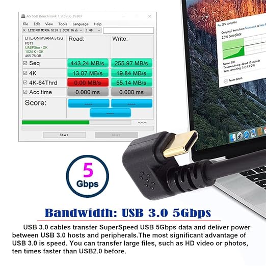 NFHK Up Angled USB3.0 Type-A to Type C USB-C Male to Male Power Data Cable 5Gbps USB-C Opposite U Shape Back Angled