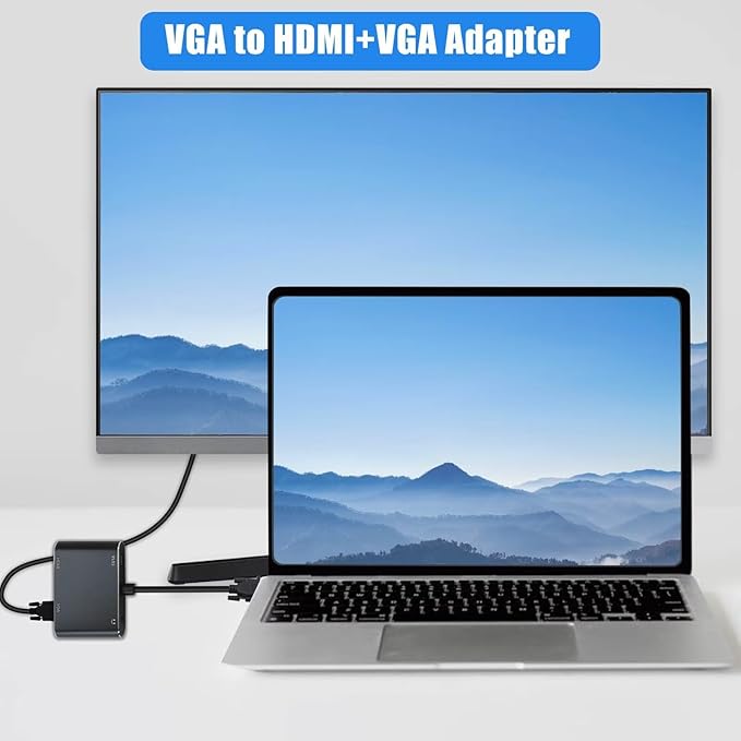New VGA to HDMI+VGA Adapter for Dual Monitors, VGA to HDMI Adapter Splitter 2 in 1,1080P@60HZ Full HD Display Video Converter for PC Laptop Link Monitor/HDTV/Projector
