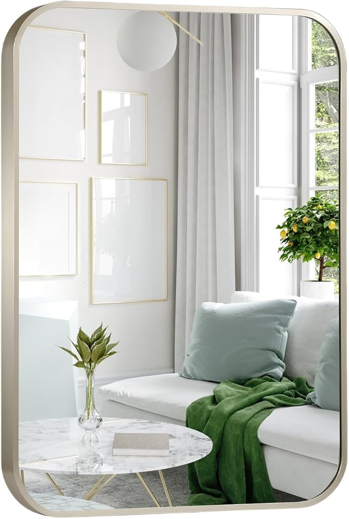 20"x30" Brushed Nickel Bathroom Vanity Mirror for Over Sink, Rounded Rectangle Silver Metal Frame Mirror for Wall, Living Room, Entryway, Vertical or Horizontal