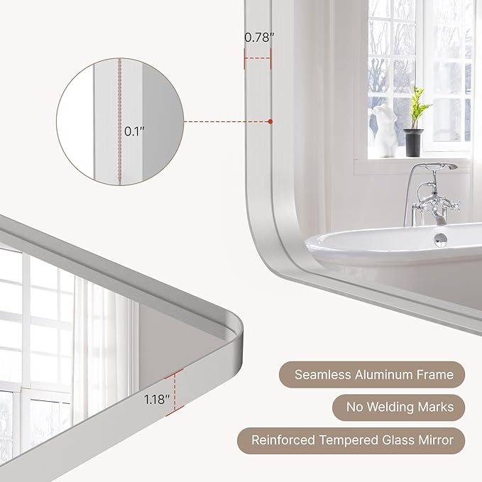 20x16"Bathroom Vanity Mirror for Wall, Aluminum Framed, Farmhouse Rectangle, Anti-Rust, HD Reflection Anti-Desilvering, Distortion Free, Tempered and Shatter-Proof Wall Mounted Mirror, Silver