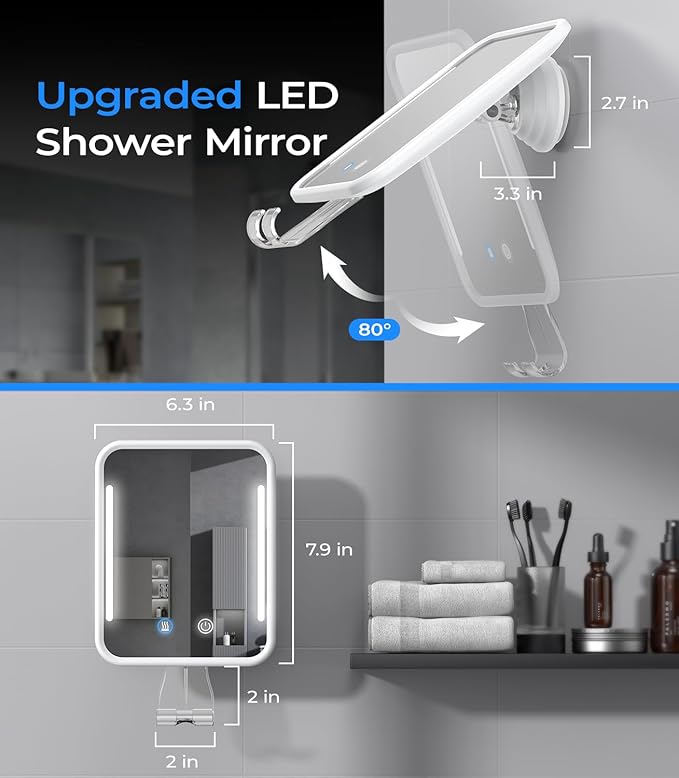 Gospire Heated Shower Mirror Fogless for Shaving with Light, 5000mAh Rechargeable Battery, Detachable Suction Cup and Razor Holder for Wall, NO-Drilling, Removable, Waterproof for Bathroom - White