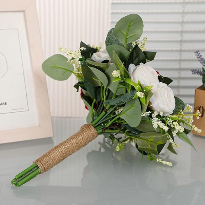 Artificial White Rose Wedding Bouquet - Faux Bride & Bridesmaid Bouquet for Wedding Decor