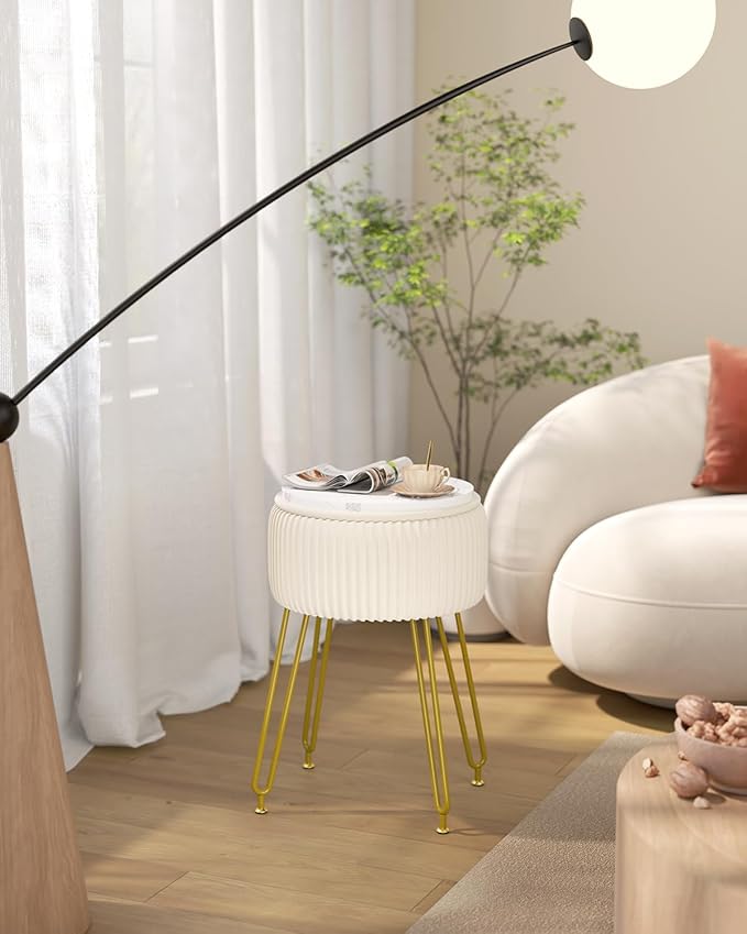 IBUYKE Velvet Storage Footrest Stool Ottoman, Makeup Vanity Stool Side Table with Golden Steel Legs Removable Cover, Coffee Table Top Cover, Creamy-White LG-20M