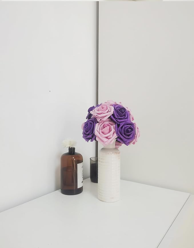 Purple Artificial Roses 50 PCS Flowers with Stem, Fake Rose Heads Bouquets for DIY Wedding Decorations Centerpieces Arrangements Party Home Garden Porch Window Decor