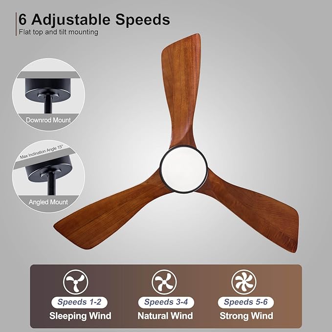 BOJUE 42 Inch Black Ceiling Fans with Lights and Remote,Dimmable LED Light,Quite Reversible DC Motor,Memory Function,Modern Solid Wood Indoor Outdoor Ceiling Fan with Light for Office Patios