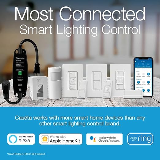 Lutron Caseta Original Smart Light Switch Kit w/ Wall Plate and Smart Hub, Compatible w/ Alexa, Apple Home, Google Home, Single-Pole/3 Way, 5 Amp, P-BDG-PKG1WS