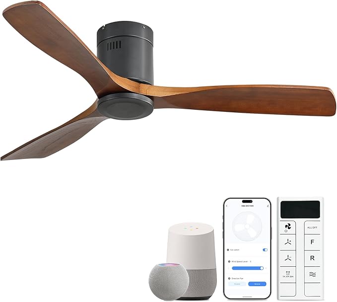 Sofucor 52 Inch Smart Ceiling Fan Without Lights Flush Mount Solid Wood Ceiling Fan with Alexa/Google Assistant/APP/Remote Control-Modern Outdoor Ceiling Fans No Light for Bedroom/Patio, Brown Black