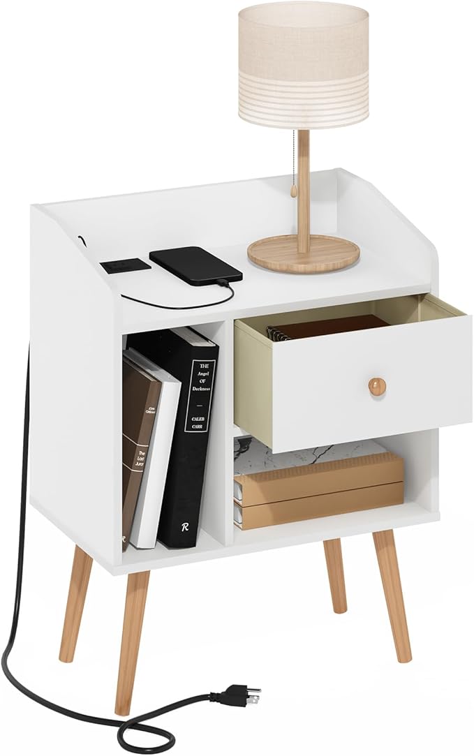 Furinno Claude Side Table, Mid Century End Table with Charging Station, Wooden Legs Night Stand, Bedside Table with USB and Type-C Charging Port, for Living Room, Bedroom, White