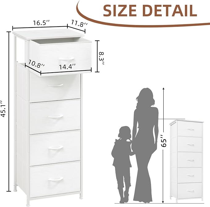 Somdot Tall Dresser for Bedroom with 5 Drawers, Storage Organizer Chest of Drawers with Removable Fabric Bins for Closet Bedside Living Room Laundry Entryway Hallway, White Leather