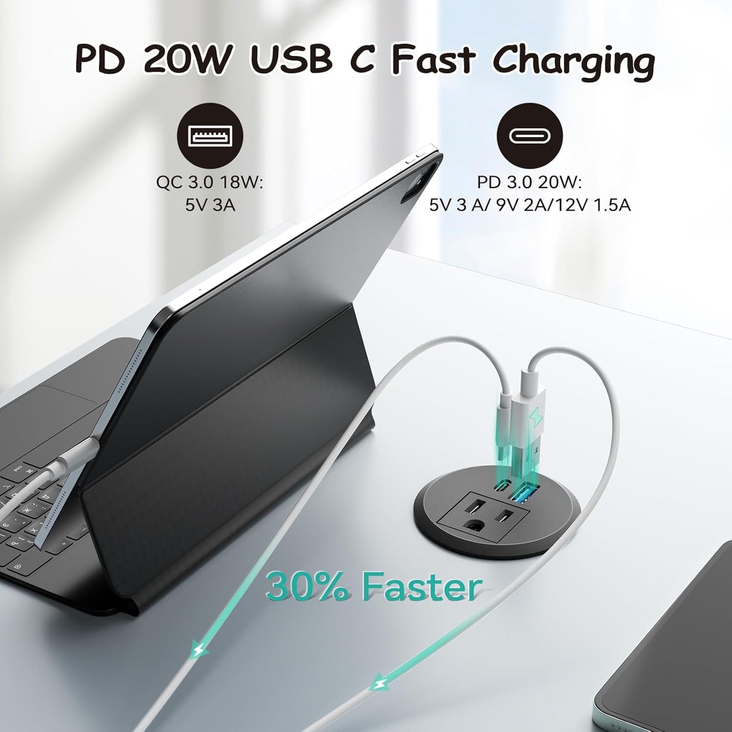 XBA 2inch Desktop Power Grommet - Recessed Power Strip with PD 20W USB C and AC Outlet