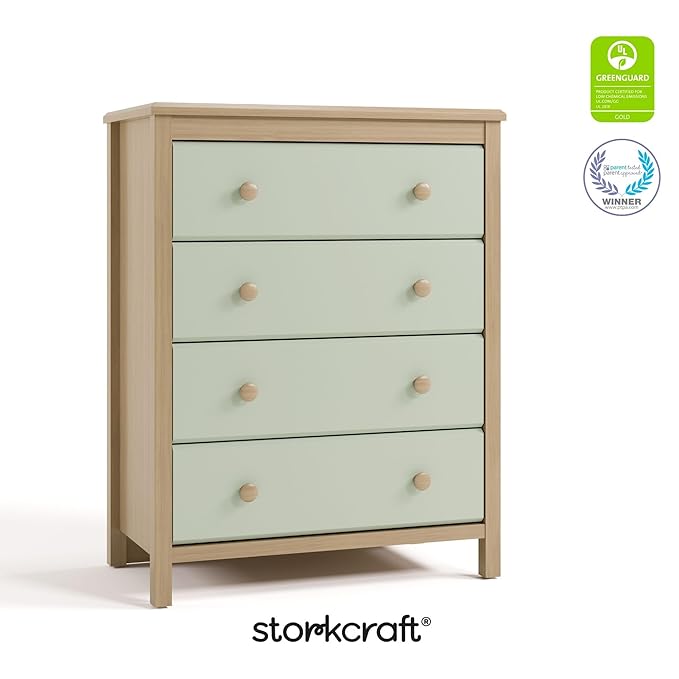 Storkcraft Alpine 4 Drawer Dresser (Driftwood with Sage) – GREENGUARD Gold Certified, Kids Storage Organizer, Modern 4 Drawer Chest for Bedroom, Must-Have Nursery Storage