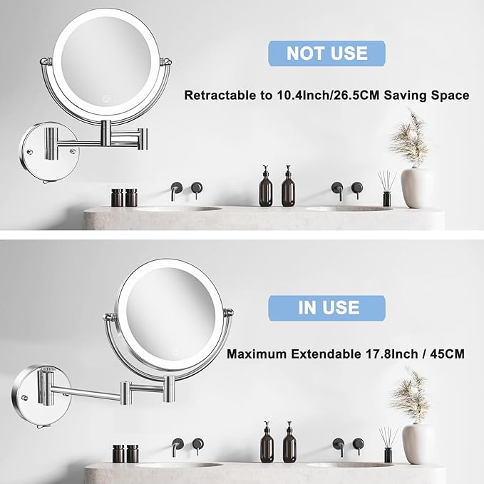 Wall Mounted Makeup Mirror with Lights and 10X Magnification, 8 Inches Rechargeable Double Sided Magnifying, Touch Dimmable Extended Arm 360 Rotation, Foldable Vanity Mirror for Bathroom