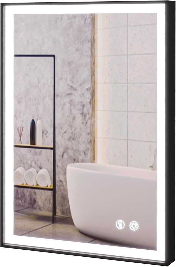 Fab Glass and Mirror LED Lighted Bathroom Mirror 30 x 40 Inch, Black Framed Wall Mounted Dimmable Vanity Mirror, Anti-Fog Touch Sensor, Adjustable Color Warm/White/Natural