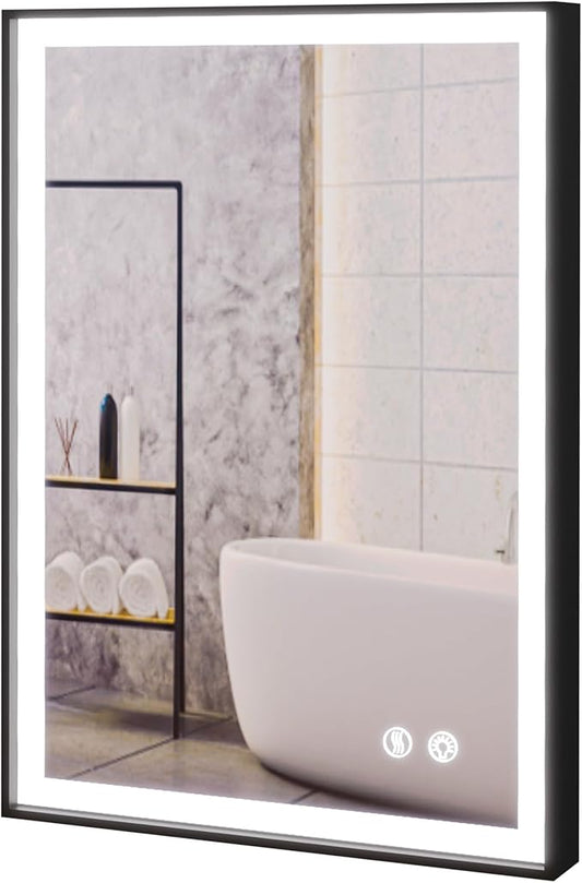 Fab Glass and Mirror LED Lighted Bathroom Mirror 20 x 30 Inch, Black Framed Wall Mounted Dimmable Vanity Mirror, Anti-Fog Touch Sensor, Adjustable Color Warm/White/Natural