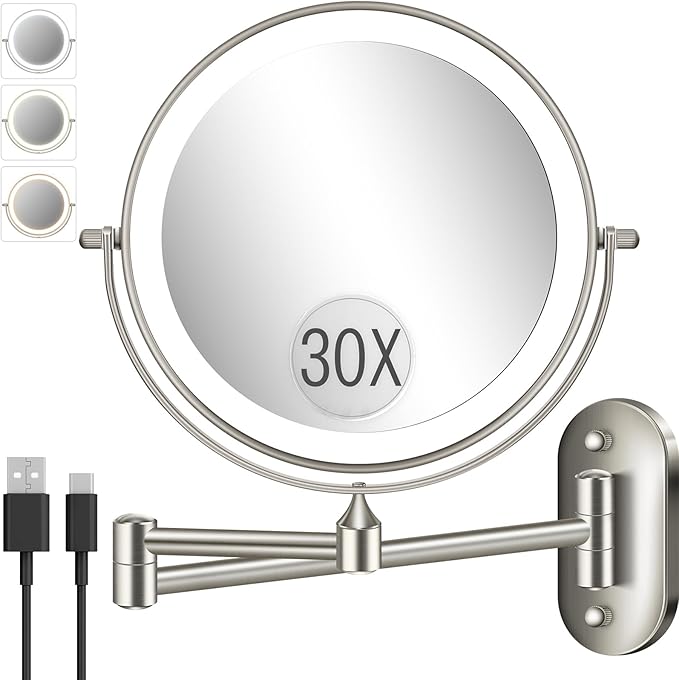 30X/1X Wall Mounted Lighted Makeup Mirror, 8'' Double Sided Rechargeable Magnifying Bathroom Mirror with Light, 3 Color Lights Touch Dimmable Extended Arm 360 Rotation Light up Mirrors