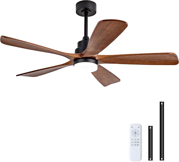52 Inch Outdoor Ceiling Fans with Lights and Remote Control, Dimmable 5 Blade Wood Outdoor Ceiling Fans for Patios, Black Walnut Bedroom Ceiling Fan with Lights, Noiseless DC Motor