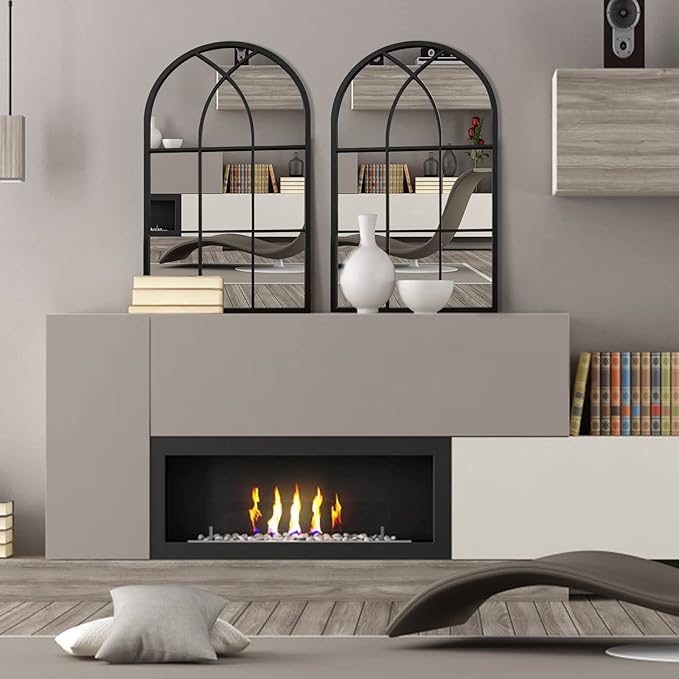 ironsmithn Arched Window Mirror, 31.5"x19.7" Grid Mirrors, Windowpane Mirrors, Black Metal Wall Mirror for Decor Living Room Fireplace Entryway Bedroom Hallway