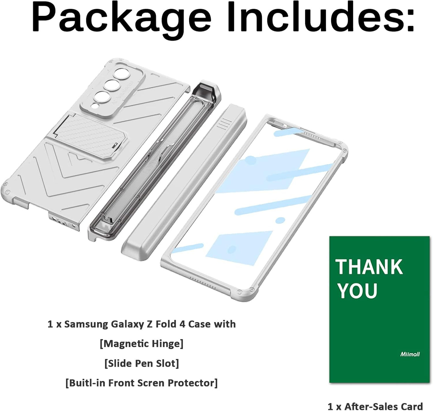 Miimall Samsung Galaxy Z Fold 4 5G Case with Built-in Tempered Glass Protector, Magnetic Hinge, Kickstand, Silver