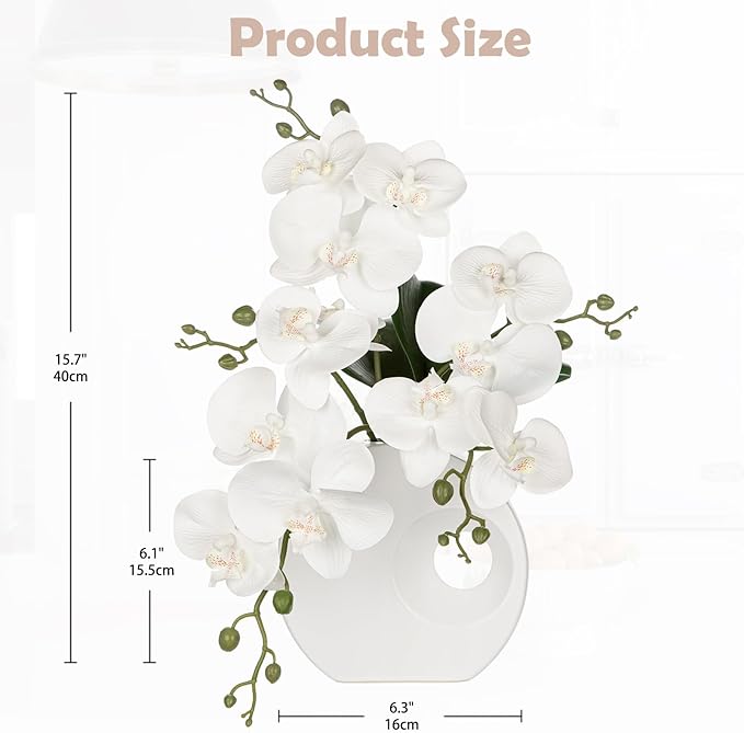 Briful Artificial Orchid White Flowers in Modern Ceramic Vase 15.7" Tall Faux Orchid Arrangement Silk Orchid Flower Fake Orchid Centerpiece for Home Office Room Wedding Table Décor