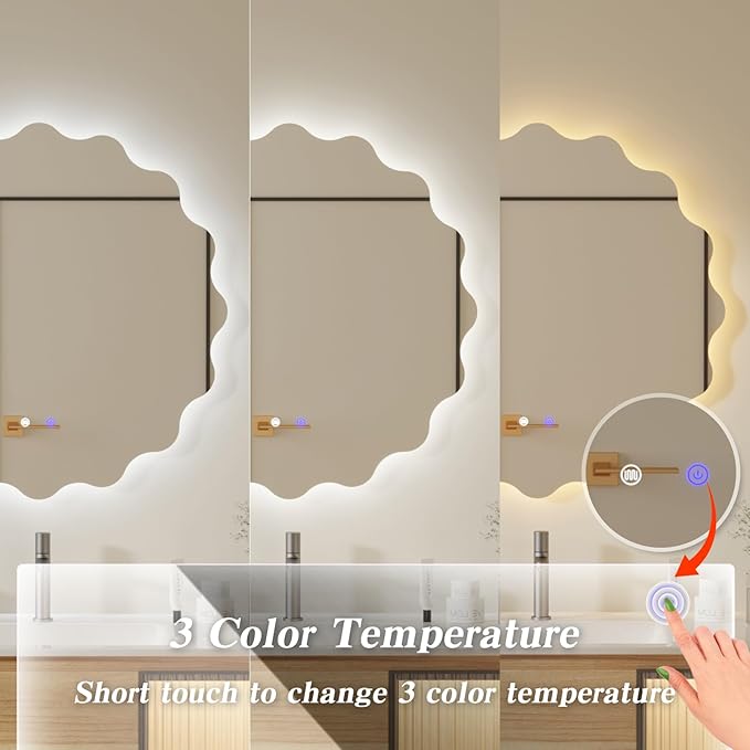 QDSSDECO Irregular LED Bathroom Mirror with Lights,Asymmetrical Led Bathroom Vanity Mirror for Wall with Front and Backlit, Anti Fog, 3 Colors and Dimmable Light, 23" x 23"