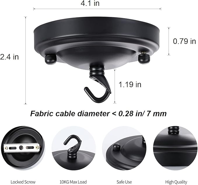 Upgraded Version 4.1Inch Light Canopy Kit Black, Chandelier Hook with Mounting Hardware, Iron Ceiling Canopy Kit for Pendant Light, Ceiling Hooks Cover Plate, Easy to Install, Varied Sizes