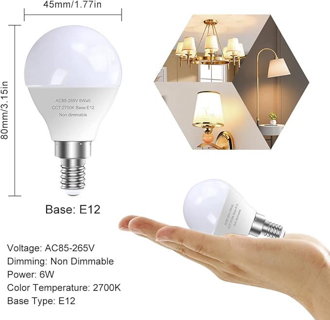 E12 LED Candelabra Light Bulbs, 60 Watt Equivalent, 120V Chandelier Llight Bulb, A15 / G45 Shape Ceiling Fan Light Bulbs, Bright Small Bulb Non-Dimmable, Warm White 2700K, 12 Pcs