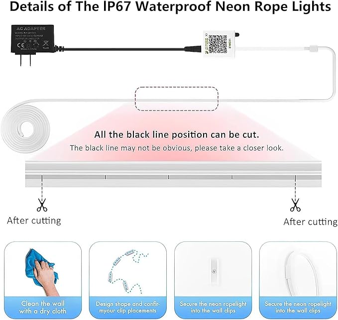Neon Rope Lights, 50FT RGB Led Strip, Waterproof IP67, DIY Design, Music Sync, 44 Keys Remote Control, Multiple Modes, for Living Room, Bedroom, Holiday Decoration