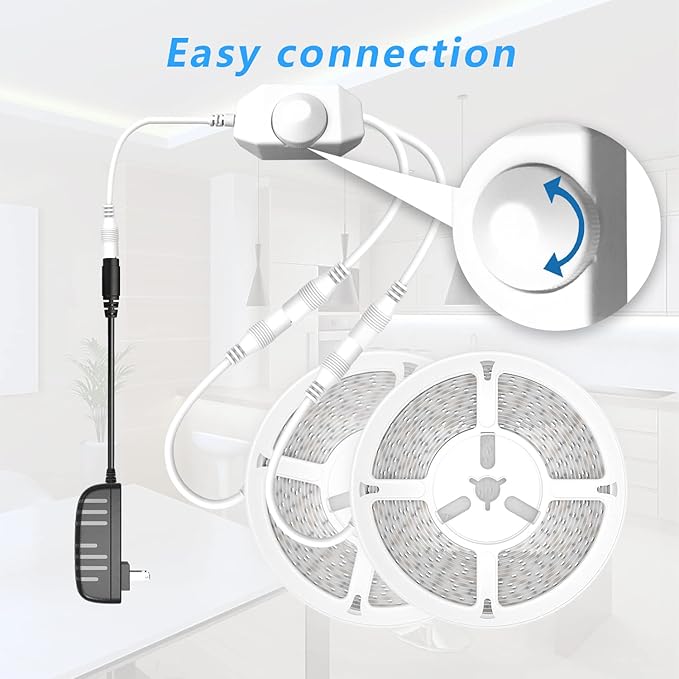 phopollo White LED Strip Lights, 50ft (2 Rolls of 25ft) Dimmable 6500k Daylight White Led Light Strip, 900 LEDs 24V Led Lights for Bedroom, Mirror, Kitchen Decoration