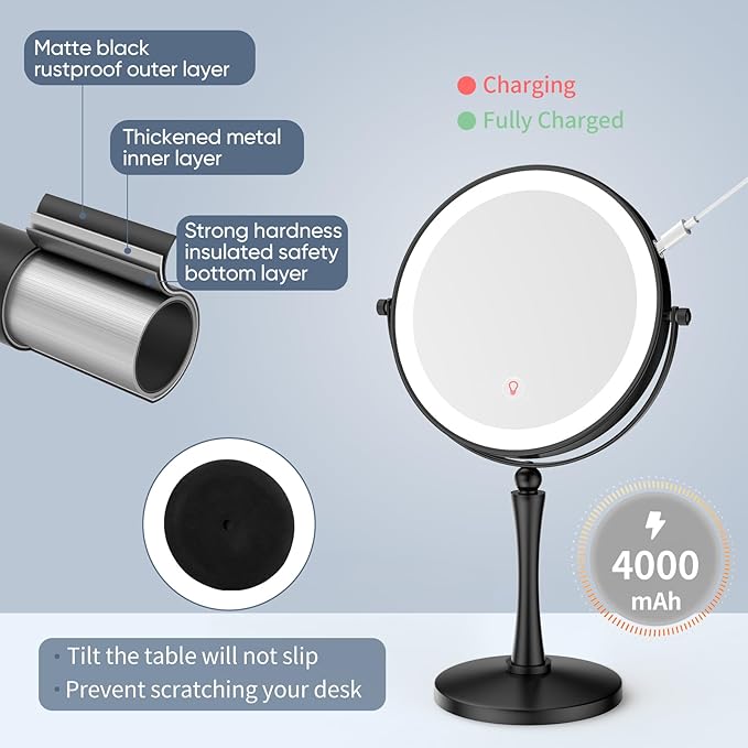 Nicesail 8” Desk Mirror with Light Dimmable 3 Colors Lighting, Magnifying Mirror with Lights and 1X/7X Magnification Makeup Vanity Mirror with Lights, Makeup Mirror for Home Hotel Desktop, Black 7X