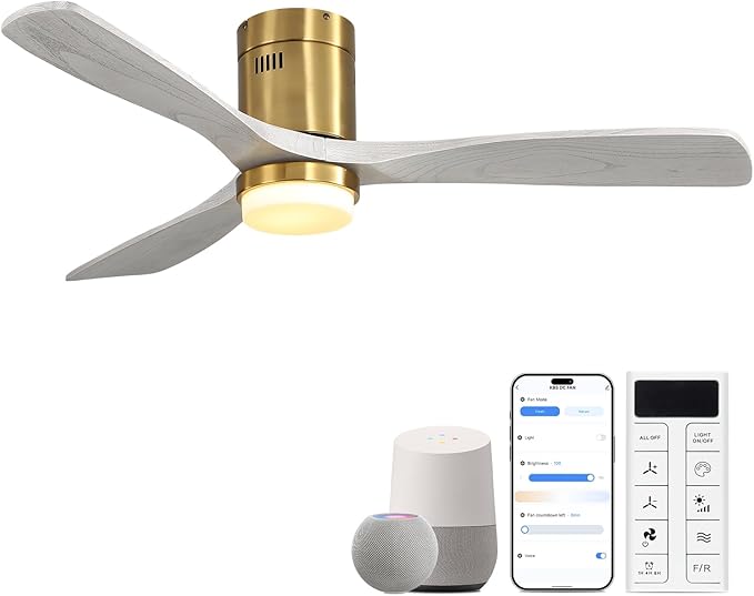 Sofucor 52 Inch Smart Ceiling Fans with Lights-Flush Mount Low Profile Modern Outdoor Solid Wood Ceiling Fans with Alexa/Google Assistant/APP/Remote Control for Bedroom/Farmhouse/Patio, Grey Gold