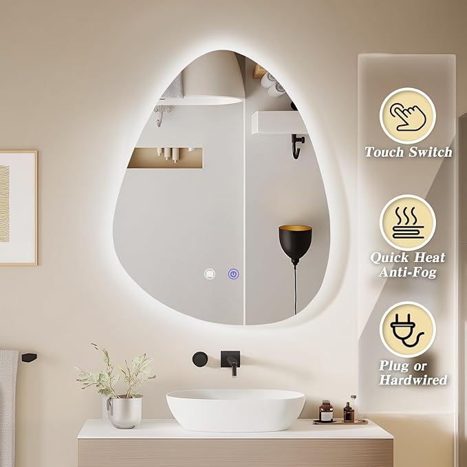 QDSSDECO Irregular LED Bathroom Mirror with Lights,Asymmetrical Led Bathroom Vanity Mirror for Wall with Front and Backlit, Anti Fog, 3 Colors and Dimmable Light, 22" x 28"