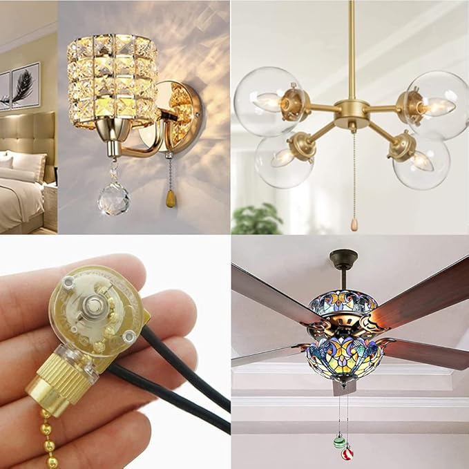 Ceiling Fan Switch Zing Ear ZE-109 Two-Wire Light With Pull Cords for Fans, Lamps and Wall Lights - Pull Chain Control Replacement On-Off, 2 Pack (Brass)