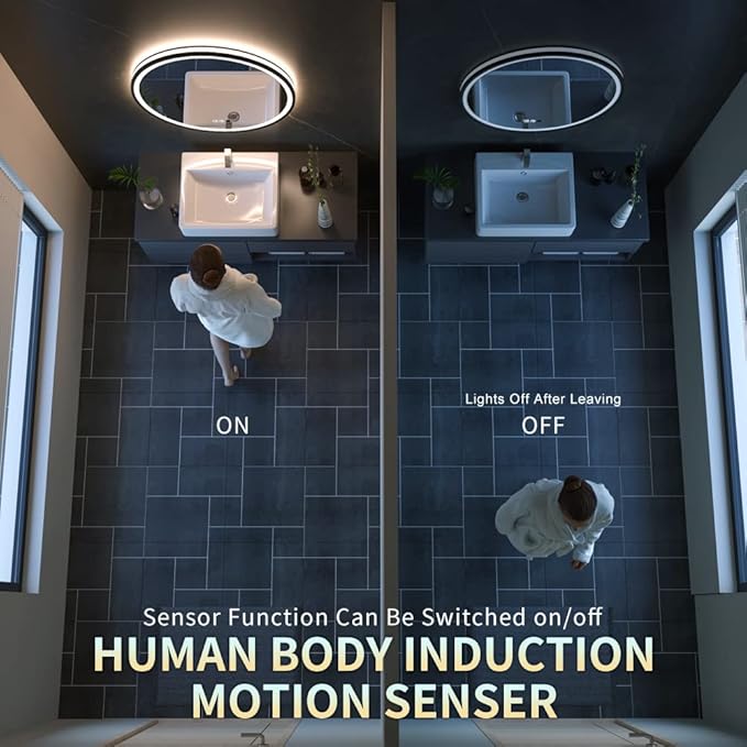 LED Sensor Mirror, Round Human Body Induction, Black Framed Vanity Mirror, Illuminated Dimmable Anti Fog IP44 Waterproof Wall Mounted Mirror (32" L x 32" W)