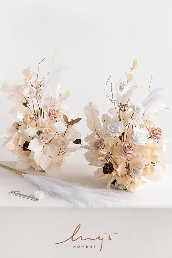 Ling's moment Christmas Decor, 41" Tall Fall Free Standing Artificial Flowers Arrangements 2pcs Wedding Arch Altar Stage Decorations White Beige for Ceremony Reception Rose Fake Floral Party
