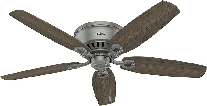 Hunter 52 inch Indoor Ceiling Fan with LED Lights - Ceiling Fan with Pull Chain, For Bedroom, Living Room, or Kitchen, Low Profile Mount, No Remote, 5 Blades - Builder 51113, Matte Silver