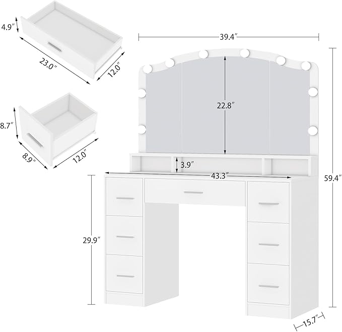 usikey 43.3" Vanity Desk with Large Lighted Mirror, Makeup Vanity Table with 7 Drawers & 10 Lights Bulbs, 3 Lighting Colors, Make Vanity Desk, Vanity Table for Women Girls, White