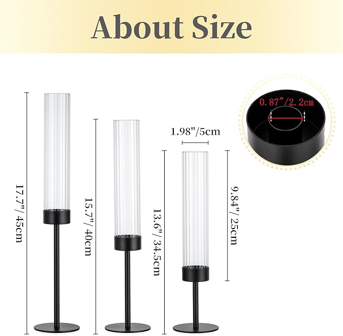 Hewory Black Taper Candle Holders: Candlestick Holders Set of 6 Hurricane Glass Tall Candle Holder for Candlesticks Candle Sticks Holder Decor for Table Centerpiece Wedding Party Christmas Decorations