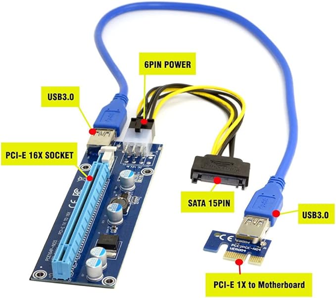 JSER PCI-E 1x to 16x Mining Machine Enhanced Extender Riser Adapter with USB 3.0 & 6Pin Power Cable